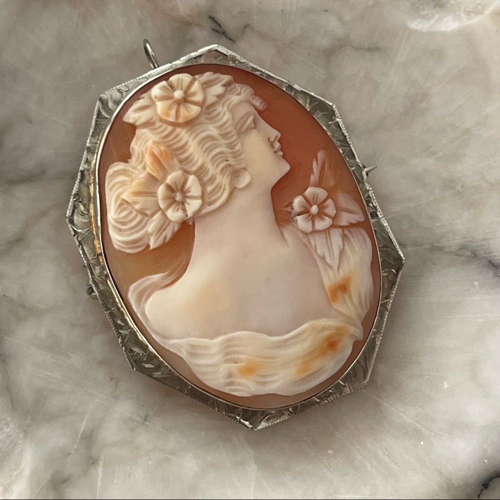 Solid 14K Antique white gold cameo Art Deco Goddess Victorian Pendant brooch pin - Picture 6 of 17